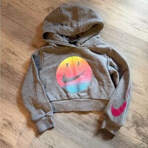Nike Kids Heather Gray Cropped Hoodie with Rainbow Smiley and Pink Swoosh 2T